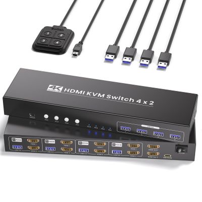 USB 3.0 Dual Monitor HDMI KVM Switch, 4K60Hz 4 Port HDMI KVM Switch for 4 Computers Share 1 Set of Keyboard, Mouse and 2 Monitors, 4 USB 3.0 Ports Integration