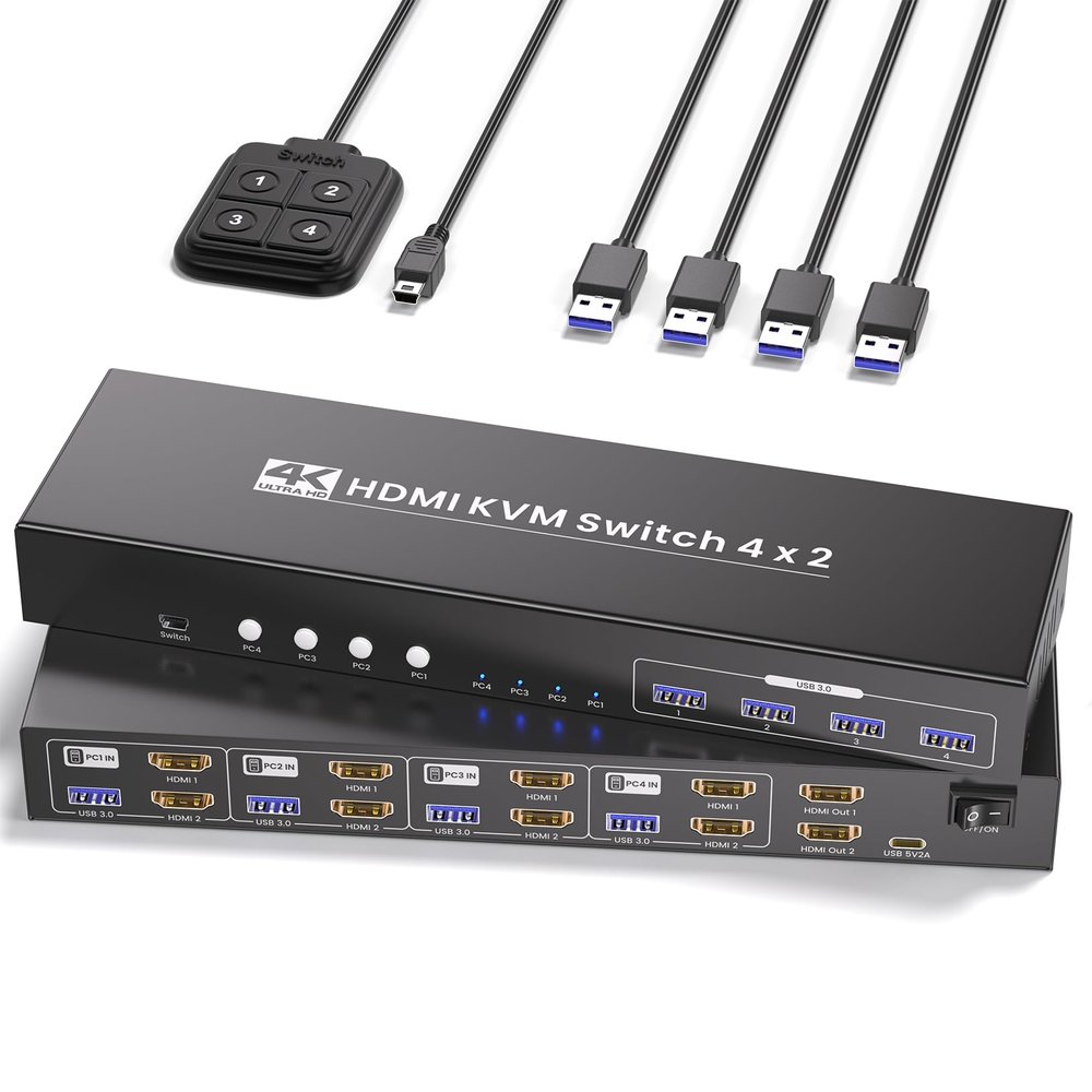 USB 3.0 Dual Monitor HDMI KVM Switch, 4K60Hz 4 Port HDMI KVM Switch for 4 Computers Share 1 Set of Keyboard, Mouse and 2 Monitors, 4 USB 3.0 Ports Integration