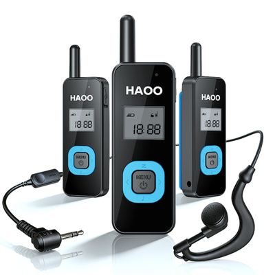 HAOO Mini Walkie Talkies with Earpieces, Portable Two Way Radio FM Transceiver, Long Range Walkie Talkie for Skiing, Hiking, Outdoor Sport, Restaurants, Hospital, Supermarket, 3 Pack