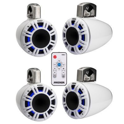 2 Pair (Qty 4) of Kicker KMTCXL65 6.5" 300 Watt Peak Multicolor LED Marine Horn-Loaded Compression Driver (HLCD) Tower Speakers (White) with LED Remote Control