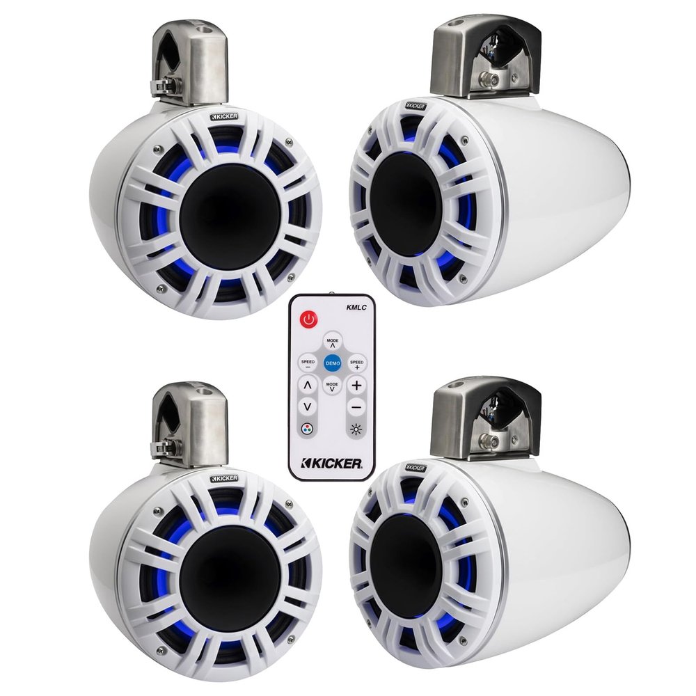 2 Pair (Qty 4) of Kicker KMTCXL65 6.5" 300 Watt Peak Multicolor LED Marine Horn-Loaded Compression Driver (HLCD) Tower Speakers (White) with LED Remote Control