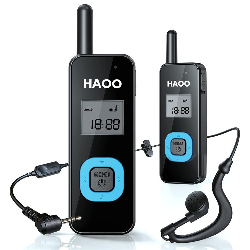 HAOO Mini Walkie Talkies with Earpieces, Portable Two Way Radio FM Transceiver, Long Range Walkie Talkie for Skiing, Hiking, Outdoor Sport, Restaurants, Hospital, Supermarket, 2 Pack