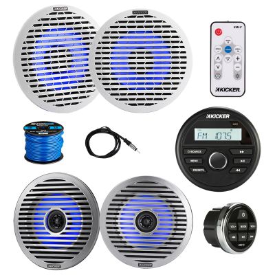 Kicker 46KMC2 Marine Gauge Style USB Bluetooth AM/FM Receiver w/Remote, 4X 6.5 130W Thin-Mount Multicolor LED Boat Audio Speakers with 4X White Grilles, 4X Silver Grilles, Wire, Antenna, LED Remote