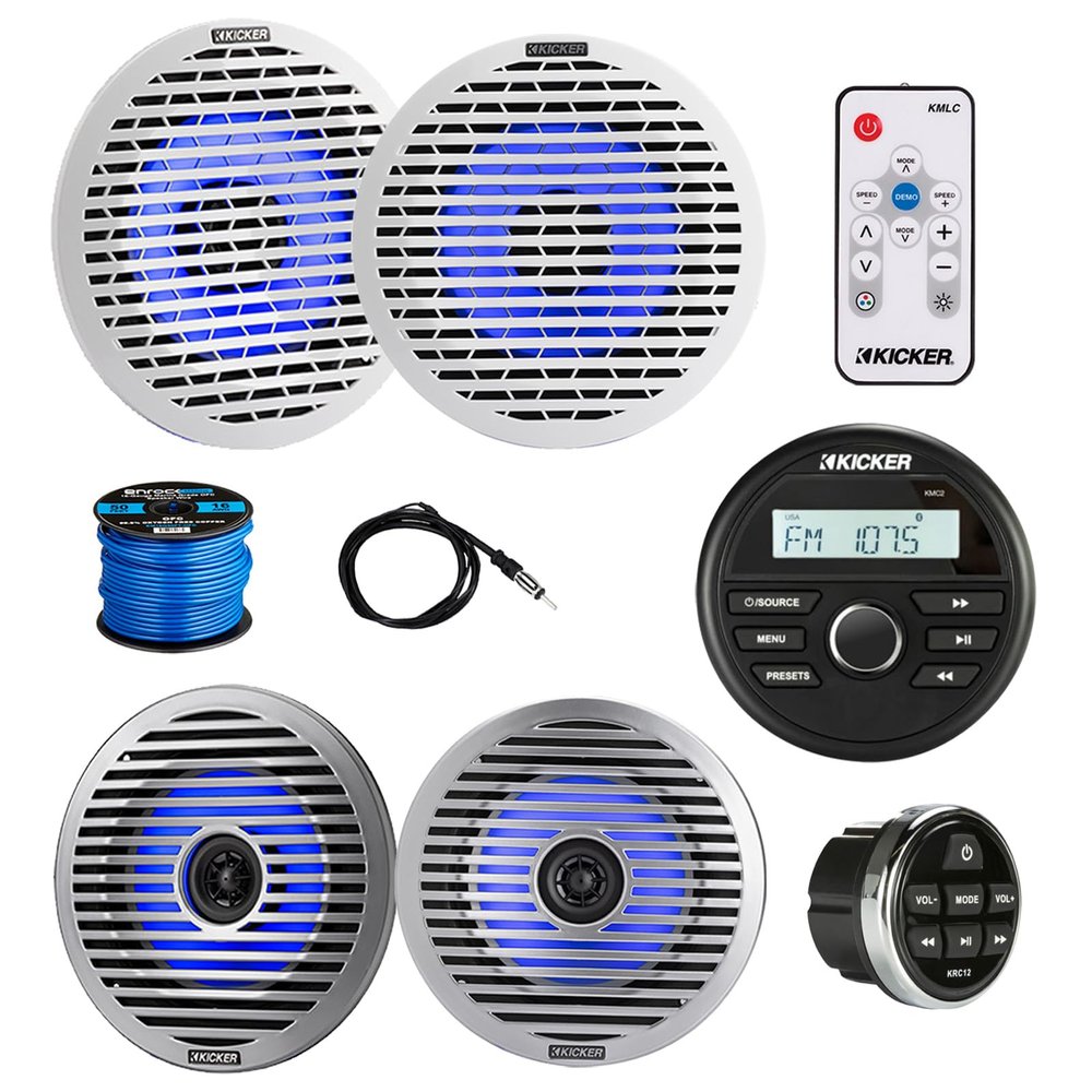 Kicker 46KMC2 Marine Gauge Style USB Bluetooth AM/FM Receiver w/Remote, 4X 6.5 130W Thin-Mount Multicolor LED Boat Audio Speakers with 4X White Grilles, 4X Silver Grilles, Wire, Antenna, LED Remote