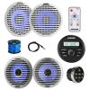 Kicker 46KMC2 Marine Gauge Style USB Bluetooth AM/FM Receiver w/Remote, 4X 6.5 130W Thin-Mount Multicolor LED Boat Audio Speakers with 4X White Grilles, 4X Silver Grilles, Wire, Antenna, LED Remote view 1