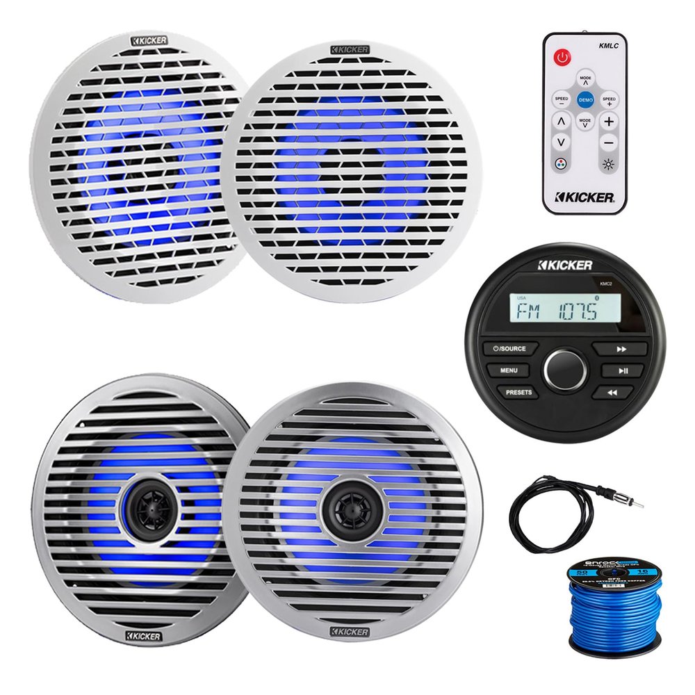 Kicker 46KMC2 Marine Gauge Style USB Bluetooth AM/FM Receiver, 4X 6.5 130 Watt Peak Thin-Mount Multicolor LED Boat Audio Speakers with 4X White Grilles, 4X Silver Grilles, Wire, Antenna, LED Remote