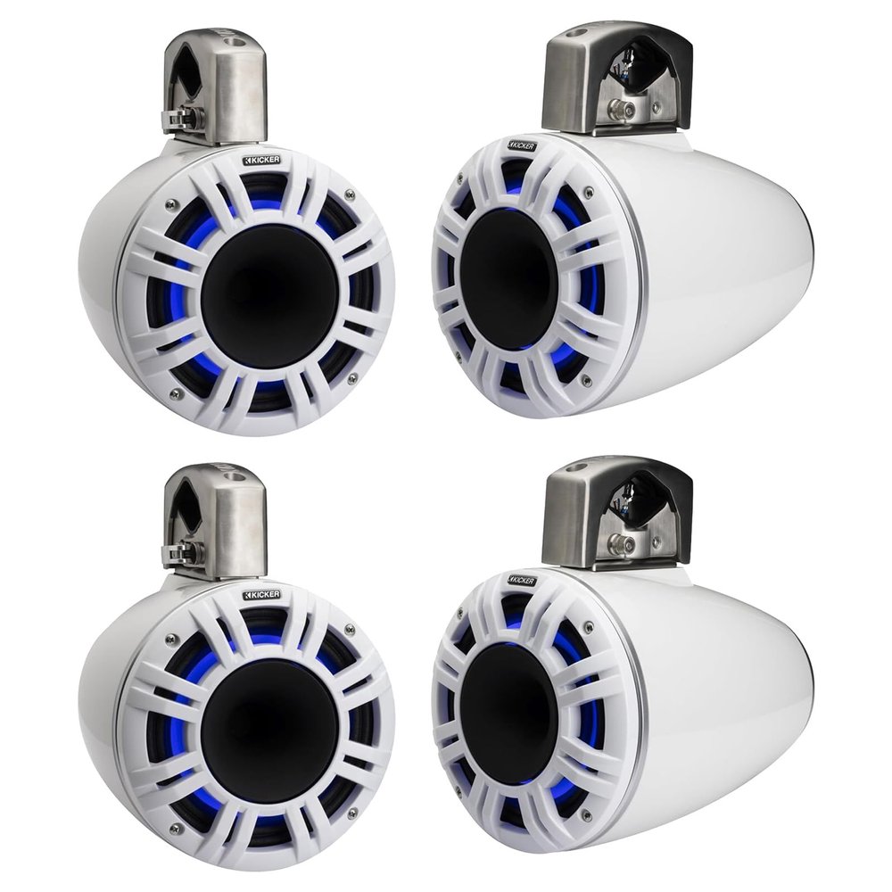 2 Pair (Qty 4) of Kicker 51KMTCXL8W 8" 500 Watt Peak Multicolor LED Marine Horn-Loaded Compression Driver (HLCD) Tower Speakers (White)