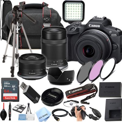 Canon EOS R100 Camera 2 Lens Kit with RF-S 18-45mm, RF-S 55-210mm Lens, 64GB SD Memory and More