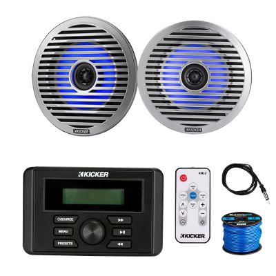 Kicker 46KMC3 Marine Gauge Style USB Bluetooth AM/FM Receiver, 2X 6.5 130 Watt Peak Thin-Mount Multicolor LED Boat Audio Speakers with 2X White Grilles, 2X Silver Grilles, Wire, Antenna, LED Remote
