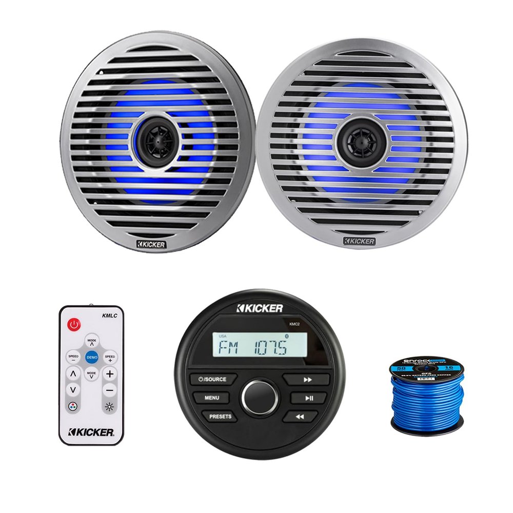 Kicker 46KMC2 Marine Gauge Style USB Bluetooth AM/FM Receiver, 2X 6.5 130 Watt Peak Thin-Mount Multicolor LED Boat Audio Speakers w/ 2X White Grilles, 2X Silver Grilles, LED Remote Control, Antenna