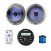 Kicker 46KMC2 Marine Gauge Style USB Bluetooth AM/FM Receiver, 2X 6.5 130 Watt Peak Thin-Mount Multicolor LED Boat Audio Speakers w/ 2X White Grilles, 2X Silver Grilles, LED Remote Control, Antenna view 1