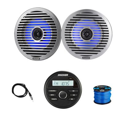 Kicker 46KMC2 Marine Gauge Style USB Bluetooth AM/FM Media Center Receiver, 2X 6.5 130 Watt Peak Thin-Mount Multicolor LED Boat Audio Speakers with 2X White Grilles, 2X Silver Grilles, Wire, Antenna