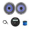 Kicker 46KMC2 Marine Gauge Style USB Bluetooth AM/FM Media Center Receiver, 2X 6.5 130 Watt Peak Thin-Mount Multicolor LED Boat Audio Speakers with 2X White Grilles, 2X Silver Grilles, Wire, Antenna view 1