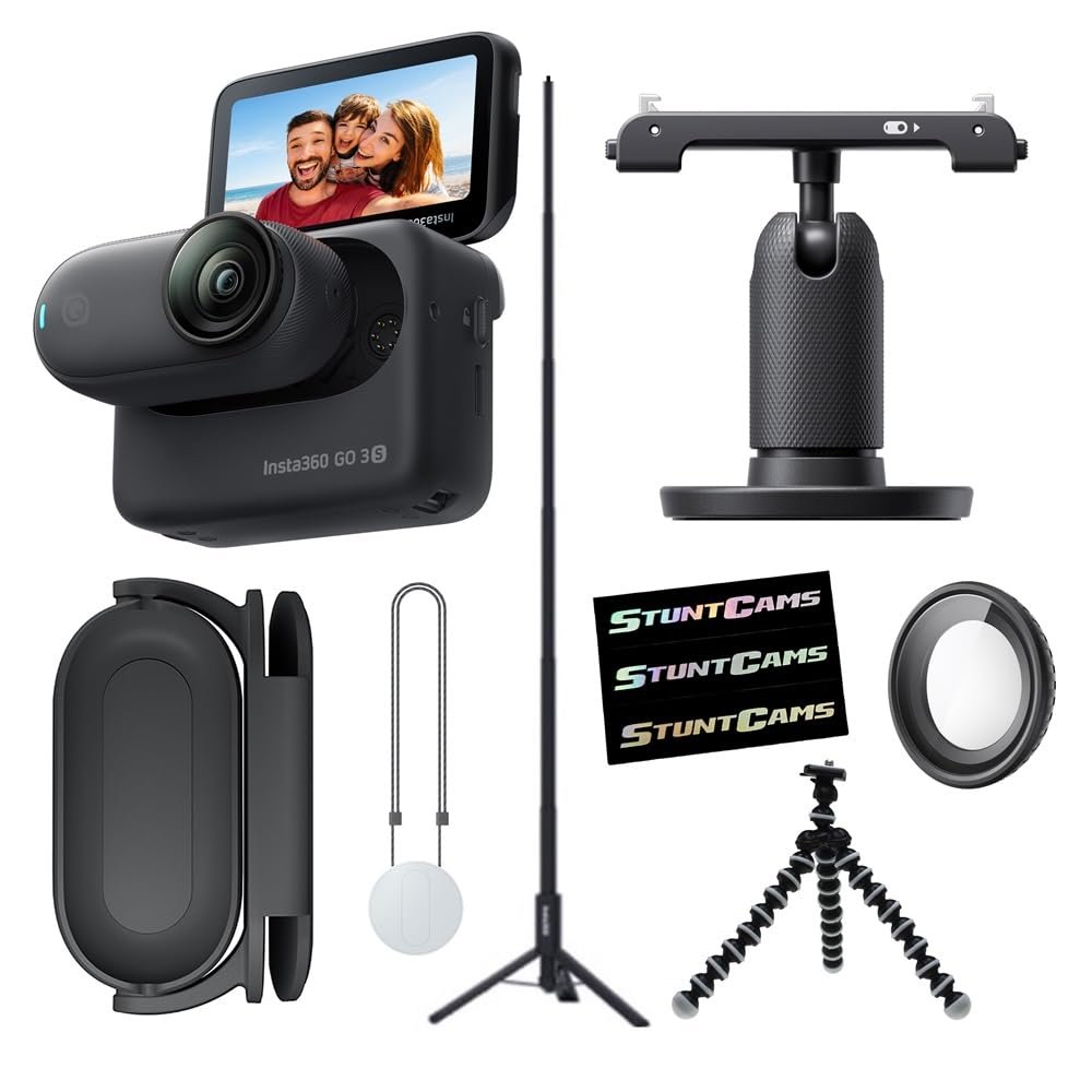 Insta360 GO 3S Midnight Black (128GB) with Tripod Selfie Sticks  4K Video Small & Lightweight Action Camera Hands-Free POV, Stabilization, Multifunctional Waterproof Content
