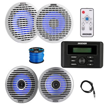 Kicker 46KMC3 Marine Gauge Style USB Bluetooth AM/FM Receiver, 4X 6.5 130 Watt Peak Thin-Mount Multicolor LED Boat Audio Speakers with 4X White Grilles, 4X Silver Grilles, Wire, Antenna, LED Remote