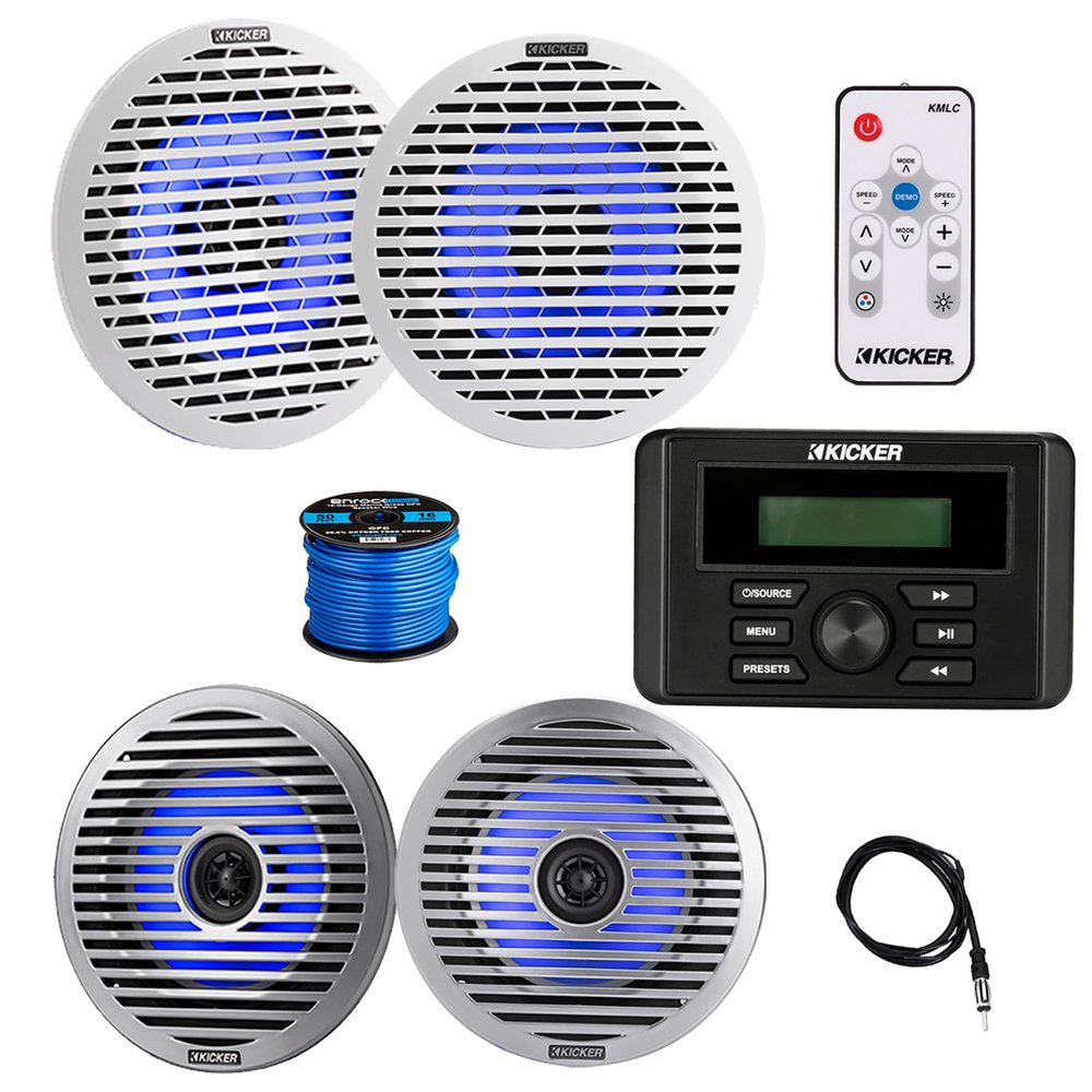Kicker 46KMC3 Marine Gauge Style USB Bluetooth AM/FM Receiver, 4X 6.5 130 Watt Peak Thin-Mount Multicolor LED Boat Audio Speakers with 4X White Grilles, 4X Silver Grilles, Wire, Antenna, LED Remote