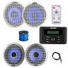 Kicker 46KMC3 Marine Gauge Style USB Bluetooth AM/FM Receiver, 4X 6.5 130 Watt Peak Thin-Mount Multicolor LED Boat Audio Speakers with 4X White Grilles, 4X Silver Grilles, Wire, Antenna, LED Remote view 1