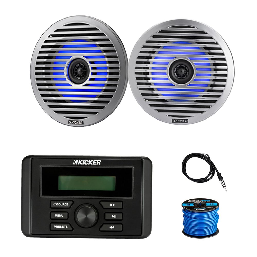 Kicker 46KMC3 Marine Gauge Style USB Bluetooth AM/FM Media Center Receiver, 2X 6.5 130 Watt Peak Thin-Mount Multicolor LED Boat Audio Speakers with 2X White Grilles, 2X Silver Grilles, Wire, Antenna