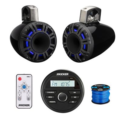 Kicker 46KMC2 All-Weather Marine Gauge Style USB Bluetooth AM/FM Media Center Receiver, 2X 6.5 300 Watt Peak Multicolor LED Marine HLCD Tower Speakers (Black) with LED Remote, 16 Gauge 50 feet Wire