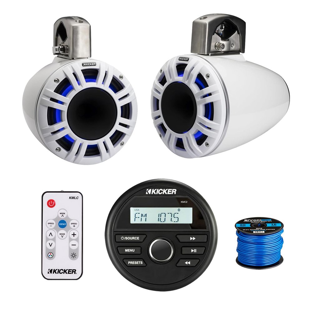 Kicker 46KMC2 All-Weather Marine Gauge Style USB Bluetooth AM/FM Media Center Receiver, 2X 6.5 300 Watt Peak Multicolor LED Marine HLCD Tower Speakers (White) with LED Remote, 16 Gauge 50 feet Wire
