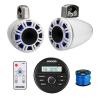 Kicker 46KMC2 All-Weather Marine Gauge Style USB Bluetooth AM/FM Media Center Receiver, 2X 6.5 300 Watt Peak Multicolor LED Marine HLCD Tower Speakers (White) with LED Remote, 16 Gauge 50 feet Wire view 1