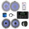Kicker 46KMC3 Marine Gauge Style USB Bluetooth AM/FM Receiver w/Remote, 4X 6.5 130W Thin-Mount Multicolor LED Boat Audio Speakers with 4X White Grilles, 4X Silver Grilles, Wire, Antenna, LED Remote view 1