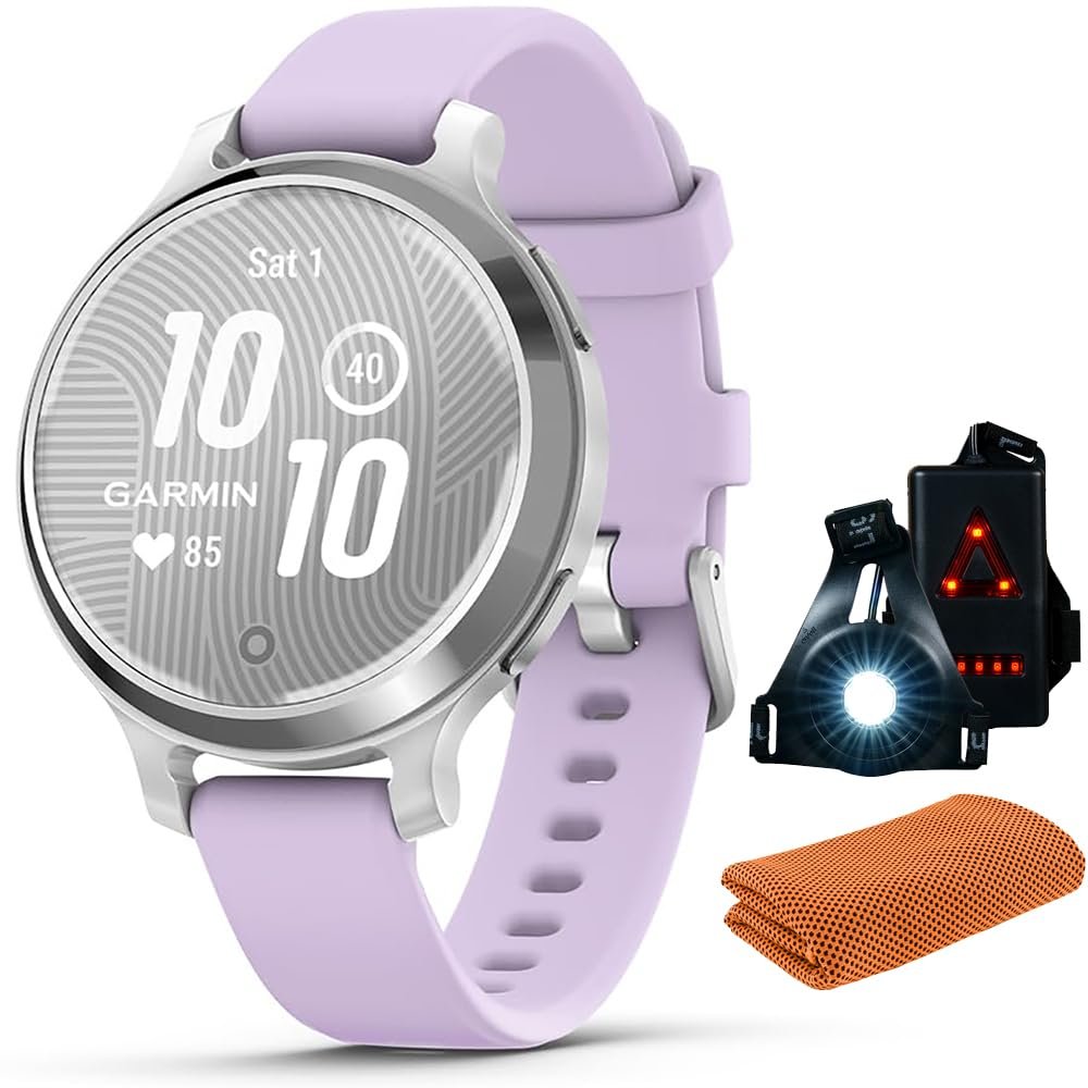Garmin 010-02891-01 Lily 2 Active Smartwatch Silver with Purple Jasmine Silicone Band Bundle with Workout Cooling Sport Towel and Deco Essentials Wearable Commuter Front and Rear Safety Light