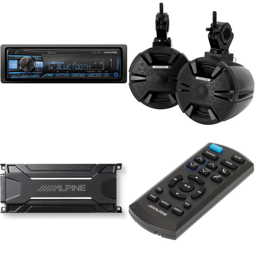 Alpine SPV-65RGB-CAN 6.5 Cage-Mounted Universal Weather-Resistant Coaxial RGB LED Speaker Pods with KTA-30FW Amp & UTE-73BT Source & Remote