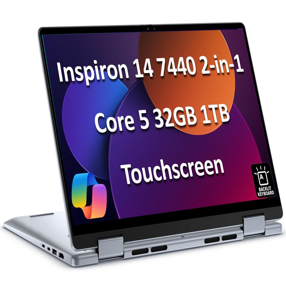 Dell Inspiron 14 7440 2-in-1 Laptop (14" FHD+ Touchscreen, Intel Core 5 120U (> i7-1355U), 32GB DDR5, 1TB SSD), for Creator, Designer, 10-Hr Long Battery Life, Backlit, Win 11 Pro w/ AI Copilot