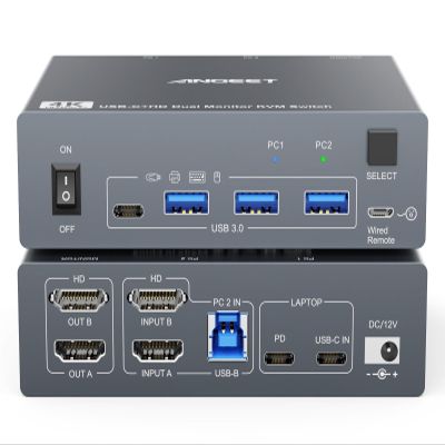 Dual Monitor KVM Switch for Laptop & Desktop 4K@60Hz, USB C and HDMI KVM Switch 2 Monitors 2 Computers with 4 USB 3.0 Port for Keyboard Mouse, 80W PD Charging, with Wired Remote and USB C Cable