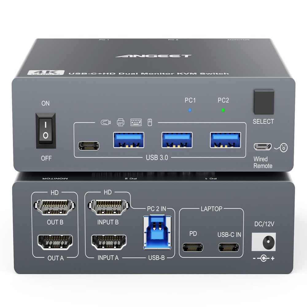 Dual Monitor KVM Switch for Laptop & Desktop 4K@60Hz, USB C and HDMI KVM Switch 2 Monitors 2 Computers with 4 USB 3.0 Port for Keyboard Mouse, 80W PD Charging, with Wired Remote and USB C Cable