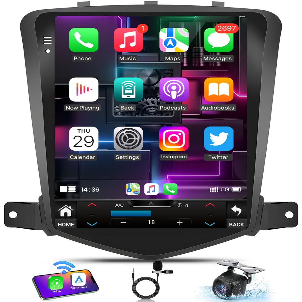 8core 32 ROM Android 13 Car Radio for Chevrolet Chevy Cruze 2009-2015: 10.4 Inch 1024 * 768 HD IPS Tesla Style Touchscreen Wireless Carplay Andriod Auto 5GWiFi Bluetooth5.0 GPS 1080p Camera SWC FM DSP