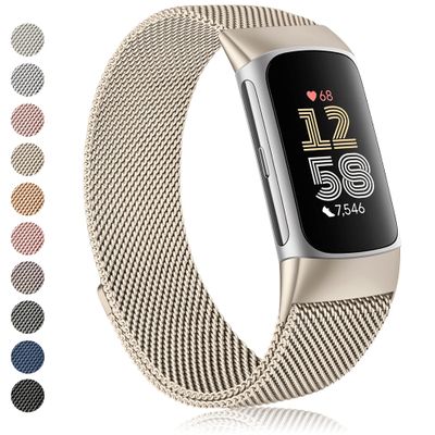 Amzpas bands for Fitbit Charge 6 Bands for Women Men, Stainless Steel Mesh Wristband with Magnet Clasp for Fitbit Charge 6 / Fitbit Charge 5 (Vintage gold)