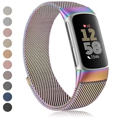 Amzpas Stainless Steel Mesh Wristband with Magnet Clasp for Fitbit Charge 6 / Charge 5 Bands for Women Men, Colorful, One Size