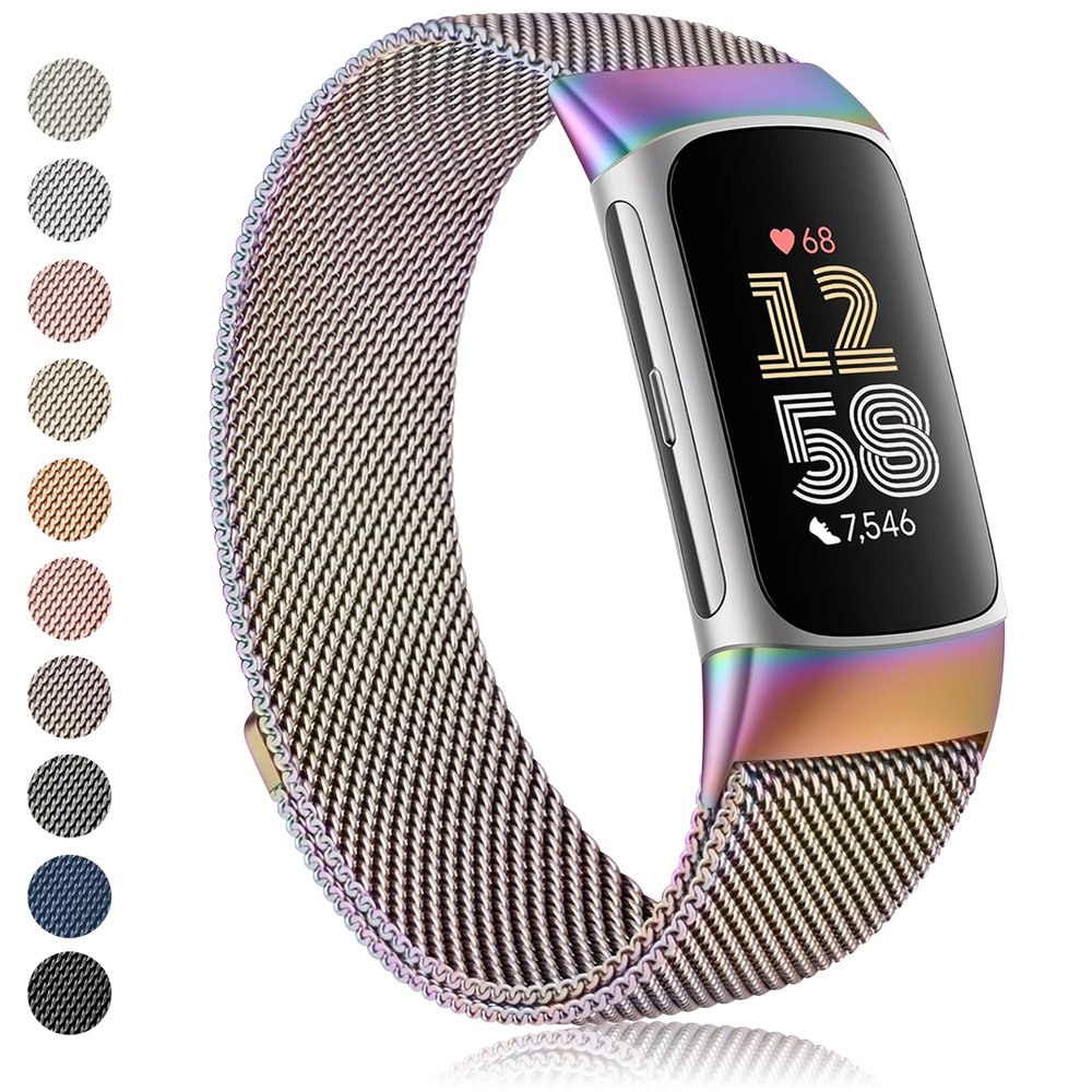 Amzpas Stainless Steel Mesh Wristband with Magnet Clasp for Fitbit Charge 6 / Charge 5 Bands for Women Men, Colorful, One Size