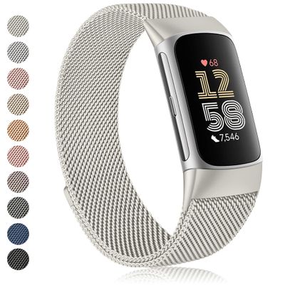 Amzpas bands for Fitbit Charge 6 Bands for Women Men, Stainless Steel Mesh Wristband with Magnet Clasp for Fitbit Charge 6 / Fitbit Charge 5 (Starlight)