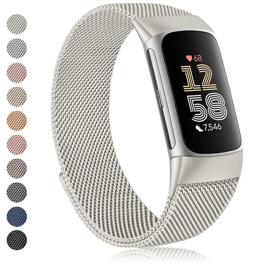 Amzpas bands for Fitbit Charge 6 Bands for Women Men, Stainless Steel Mesh Wristband with Magnet Clasp for Fitbit Charge 6 / Fitbit Charge 5 (Starlight)