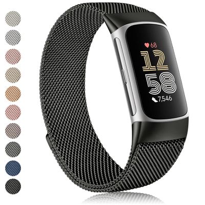Amzpas bands for Fitbit Charge 6 Bands for Women Men, Stainless Steel Mesh Wristband with Magnet Clasp for Fitbit Charge 6 / Fitbit Charge 5 (Black)