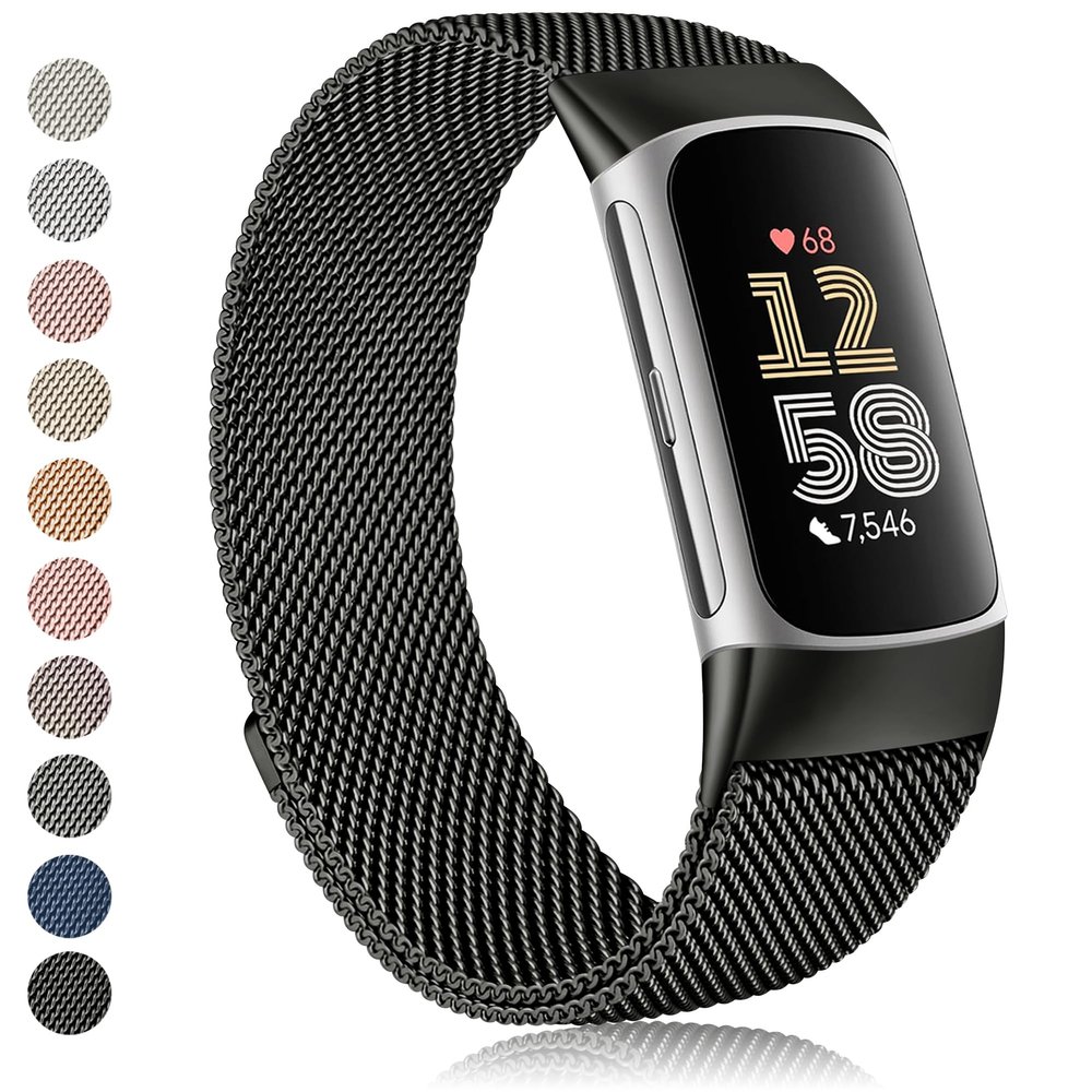 Amzpas bands for Fitbit Charge 6 Bands for Women Men, Stainless Steel Mesh Wristband with Magnet Clasp for Fitbit Charge 6 / Fitbit Charge 5 (Black)