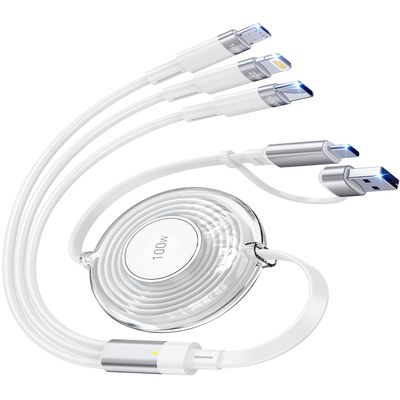 100W Multi USB Charging Cable, 6-in-1 Retractable USB C/Lightning/Micro Multi Charger Cords for iPhones, iPads, MacBook, Tablets, Galaxy, Note & More - 4Ft/1.2M 5A Fast Charging, Portable, White