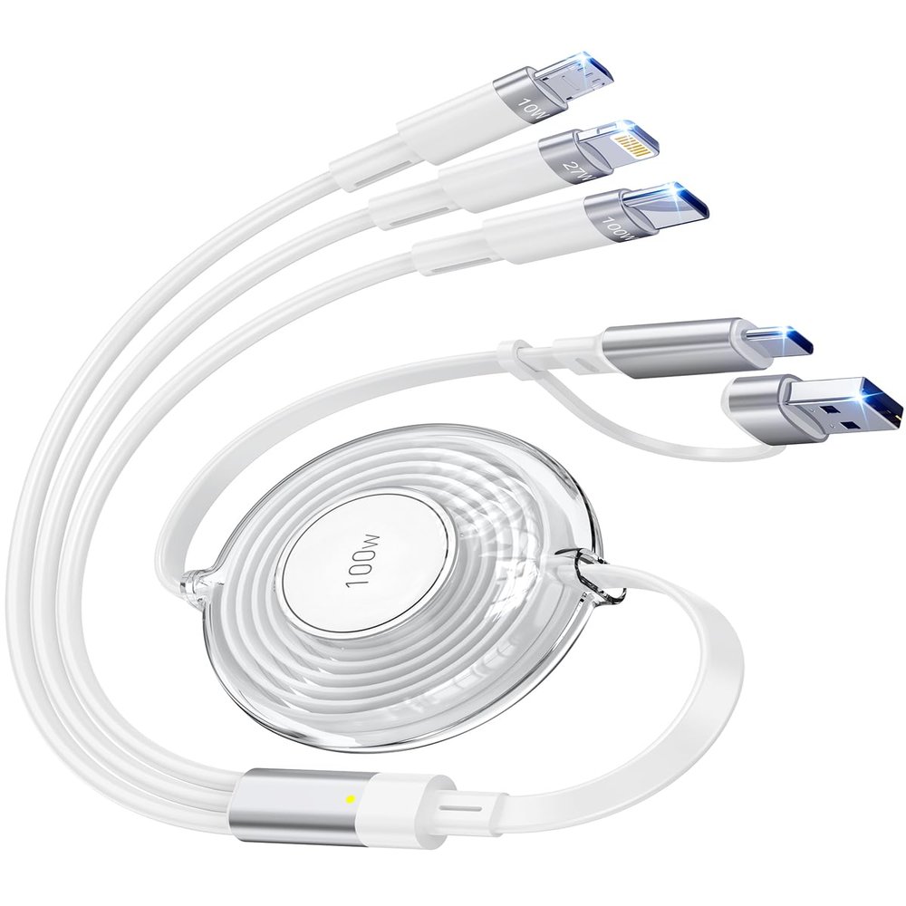 100W Multi USB Charging Cable, 6-in-1 Retractable USB C/Lightning/Micro Multi Charger Cords for iPhones, iPads, MacBook, Tablets, Galaxy, Note & More - 4Ft/1.2M 5A Fast Charging, Portable, White