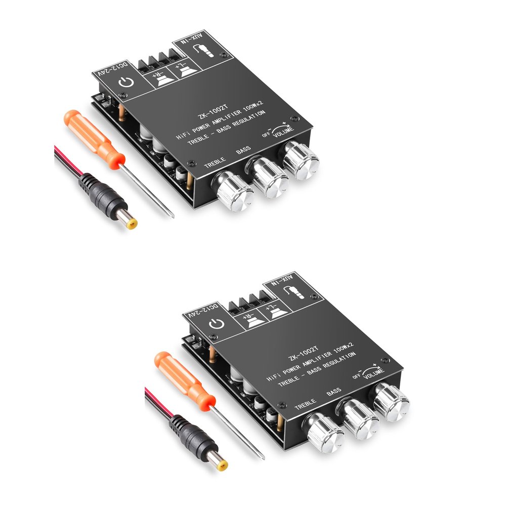 Daakro ZK-1002T Bluetooth Amplifier Board,100W+100W 2.0 Channel Amp Board w/Treble/Bass Control,DC 12-24V, BT/AUX Inputs,Audio Amp Board for Home DIY Wireless Speakers,Password Free (2PCS ZK-1002T)