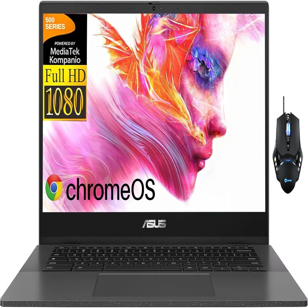 ASUS 14 Inch Chromebook CM1402 Laptop, 8-Core MediaTek Kompanio 520, FHD, 4 GB RAM, 192 GB Storage(64 GB eMMC + 128 GB Micro SD), WiFi 6, Webcam, Long Battery Life, Chrome OS, Design Mouse