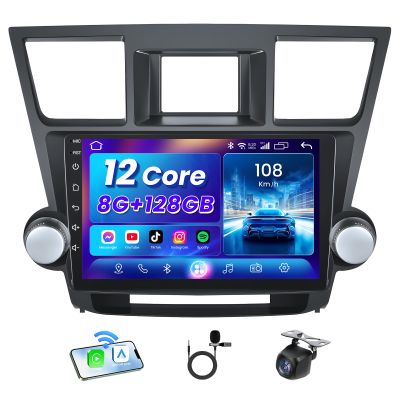 12Core 8G+128G Car Radio Stereo for Toyota Highlander 2008-2012: Wireless Carplay&Android Auto with Android 13 Support Bluetooth/Voice Control/GPS/WiFi/Back-up Camera/SWC/FM, 10 Inch IPS Touch Screen