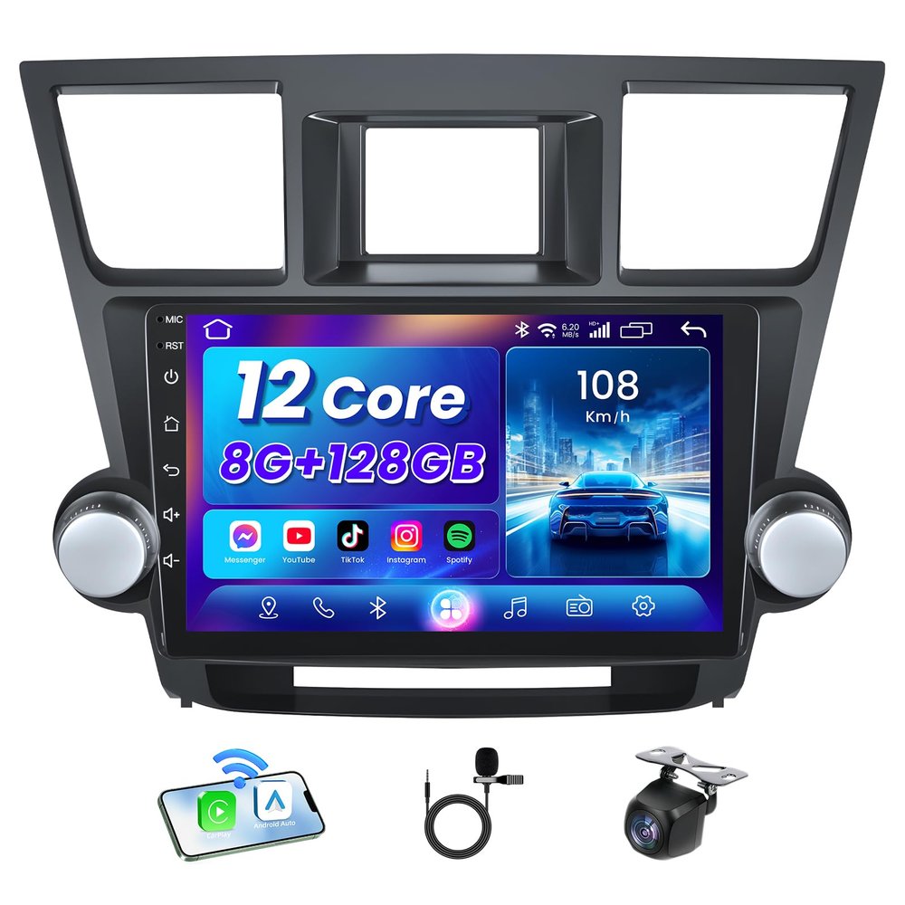 12Core 8G+128G Car Radio Stereo for Toyota Highlander 2008-2012: Wireless Carplay&Android Auto with Android 13 Support Bluetooth/Voice Control/GPS/WiFi/Back-up Camera/SWC/FM, 10 Inch IPS Touch Screen