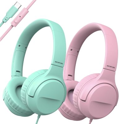 INFURTURE USB C Headphones Kids for School Kids Headphones 2 Pack, Wired Headphone for Boys Girls with Safe Limiter 94dB,HD Stereo Sound,Foldable On/Over Ear Headsets for/Tablet/School/Travel-2 Packs