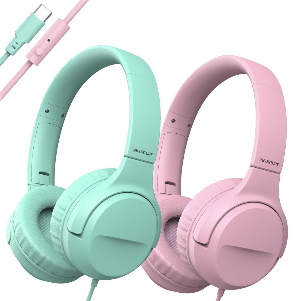INFURTURE USB C Headphones Kids for School Kids Headphones 2 Pack, Wired Headphone for Boys Girls with Safe Limiter 94dB,HD Stereo Sound,Foldable On/Over Ear Headsets for/Tablet/School/Travel-2 Packs