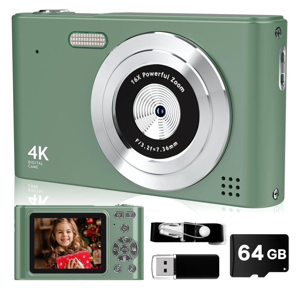 Digital Camera, 44MP Full HD 1080P Point and Shoot Camera with 64GB Card, Anti Shake 16X Zoom Compact Volg Cameras, Portable Small Camara Gift for Kids, Ages Teen Girl Boy - Green