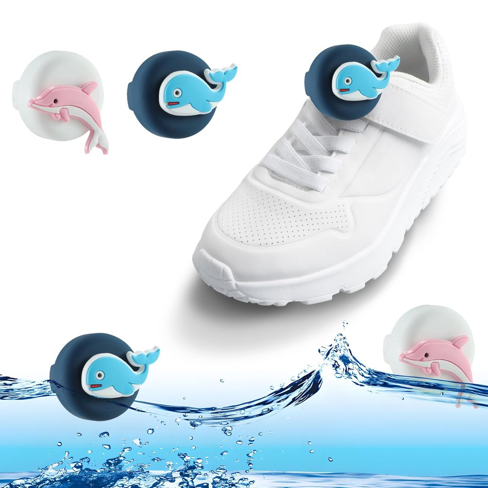 [2-Pack] Shoe Holder for Kids Waterproof Design, Cute Cartoon Tag Holder Hidden Silicone Case for Kids Shoelaces & Straps (Whale+Dolphin)