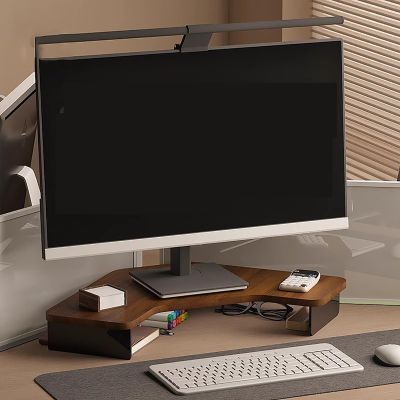 Elitix Corner Monitor Stand Desk Monitor Riser with Acrylic Feet, Deco Triangle Desk Organizers with Metal Wire Hole, Standing Corner Desk Computer Stand Can for Printer(Brown)